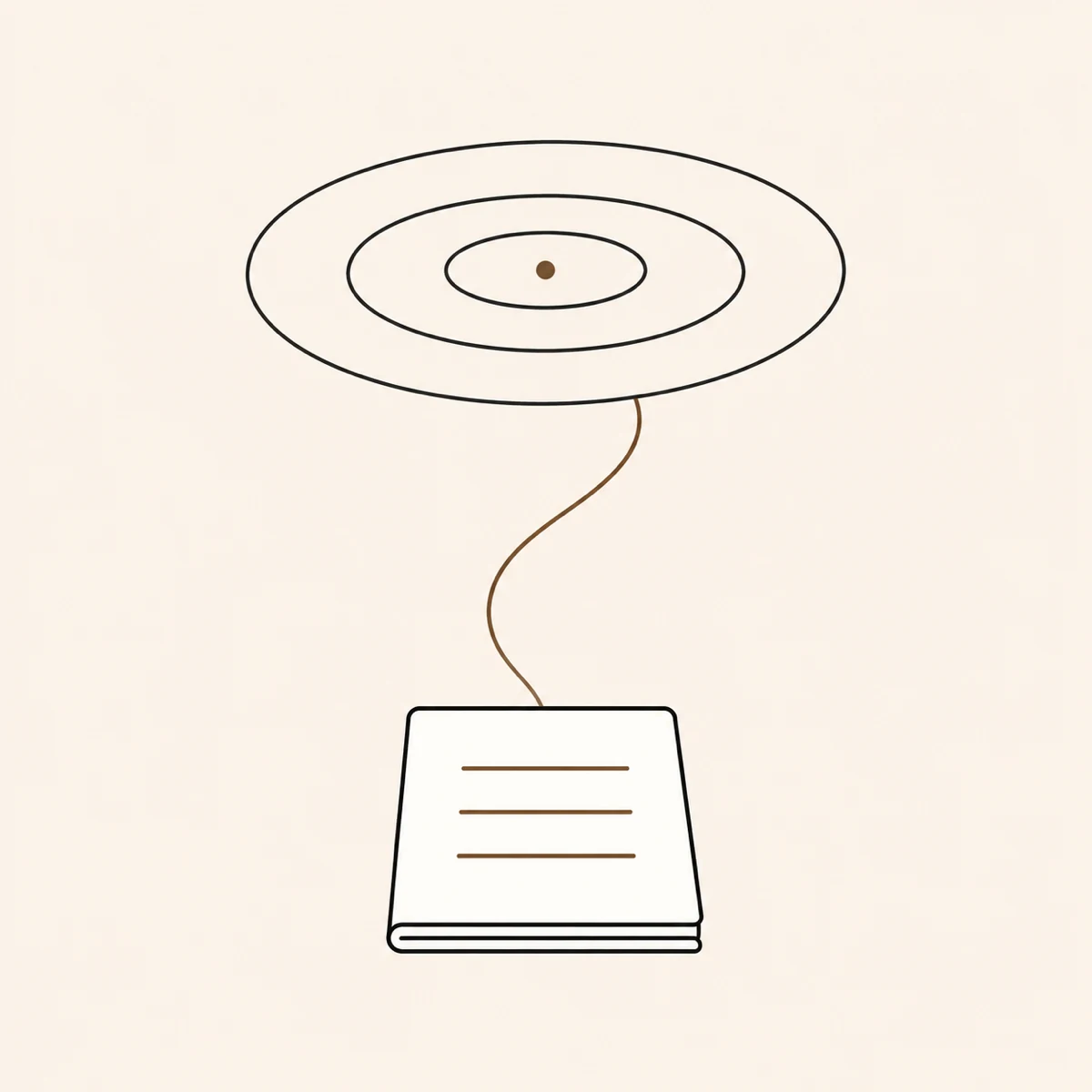 Three concentric ripples connected by a soft curve to a small folded notebook below
